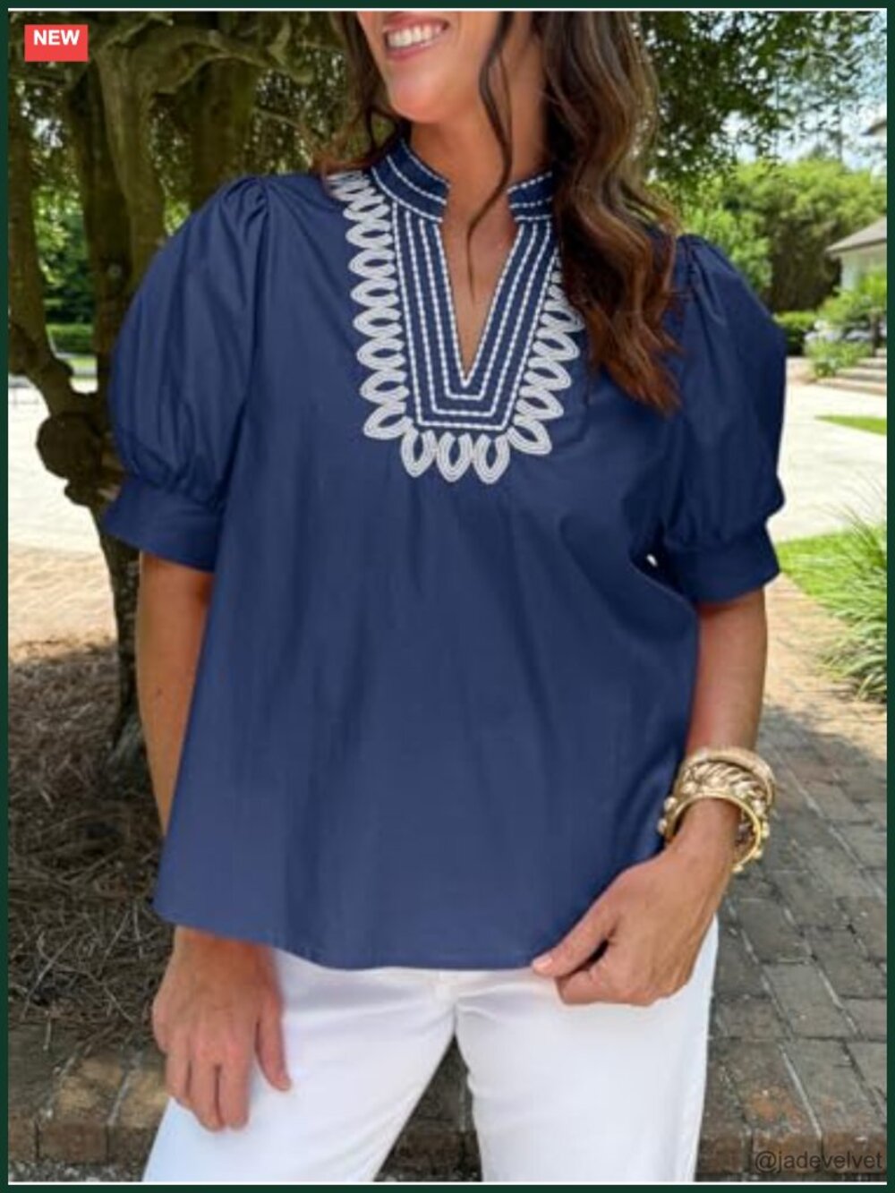 Puff Short Sleeve Blouse Embroidered V Neck Loose Fit Summer Top - Picture 4 of 6